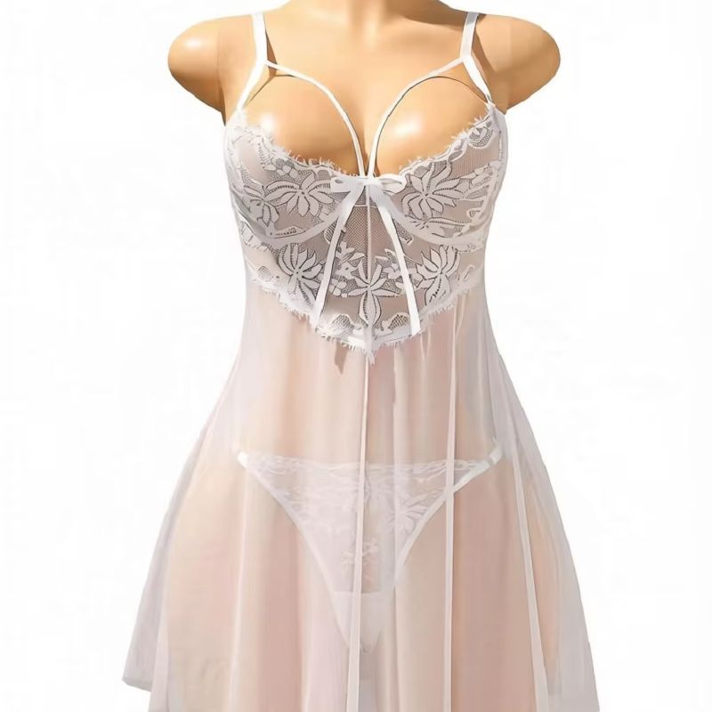Babydoll Chemise Night - Damska biała koronkowa sukienka babydoll, prześwitująca